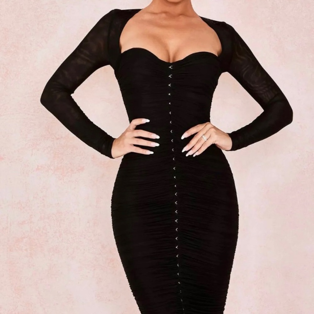 HOUSE OF CB TAVIA BLACK RUCHED MESH MIDI